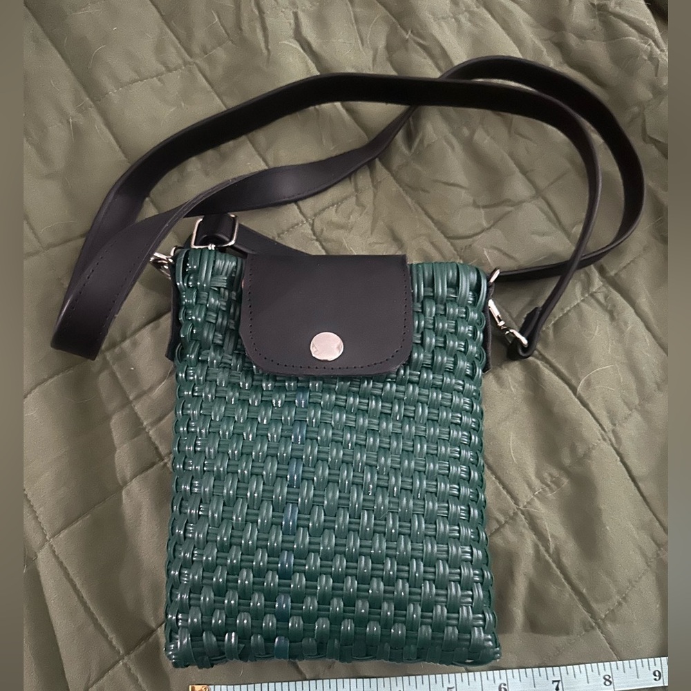Green woven Crossbody bag with black flap closure/ NWT